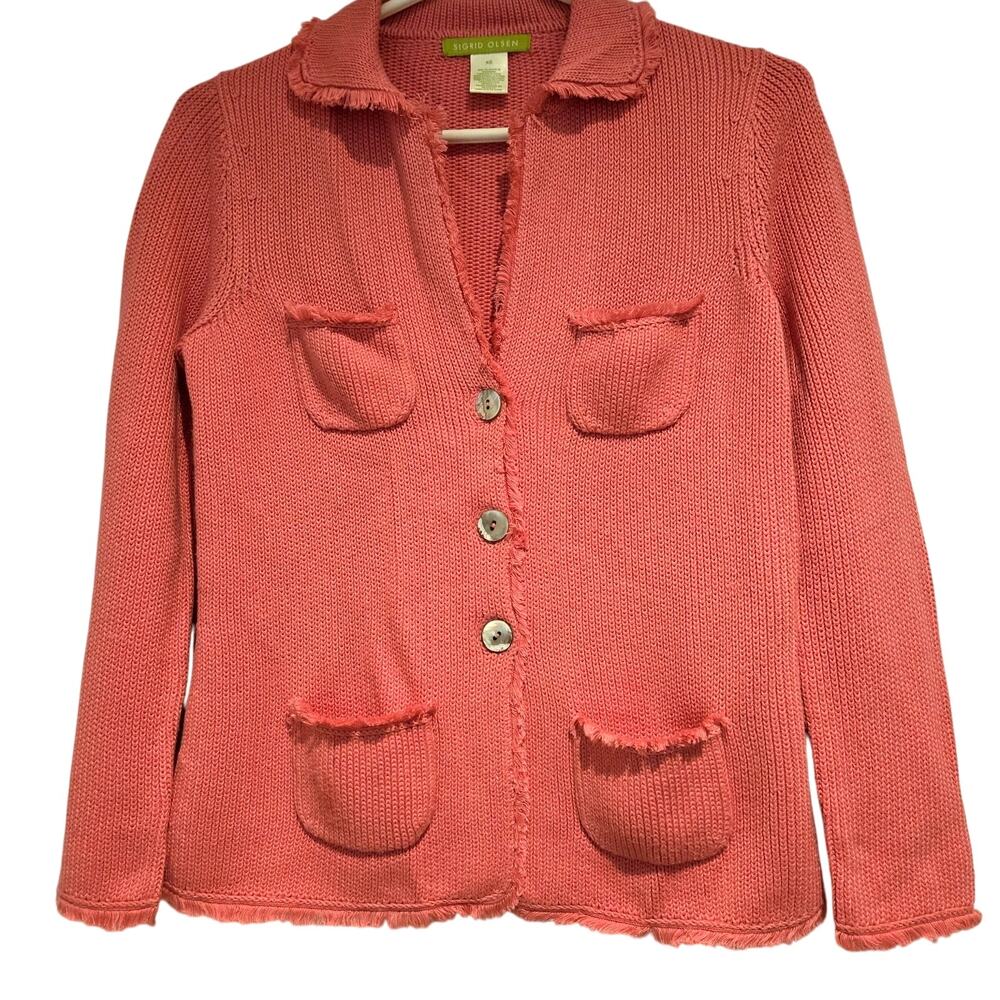 Vintage Sigrid Olsen Coral Pink Knit Collared Cardigan Jacket Fringed Pockets XS - Picture 2 of 6